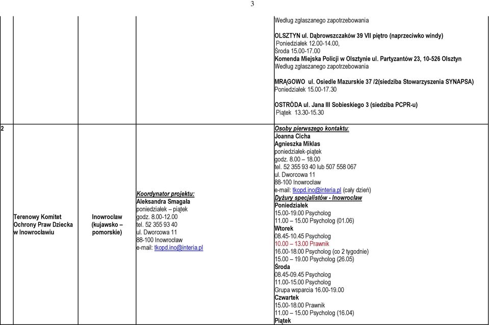 Jana III Sobieskiego 3 (siedziba PCPR-u) Piątek 13.30-15.