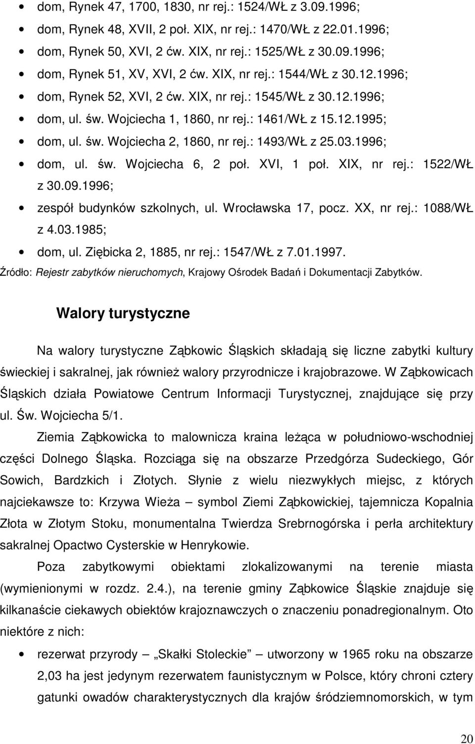 : 1493/WŁ z 25.03.1996; dom, ul. św. Wojciecha 6, 2 poł. XVI, 1 poł. XIX, nr rej.: 1522/WŁ z 30.09.1996; zespół budynków szkolnych, ul. Wrocławska 17, pocz. XX, nr rej.: 1088/WŁ z 4.03.1985; dom, ul.