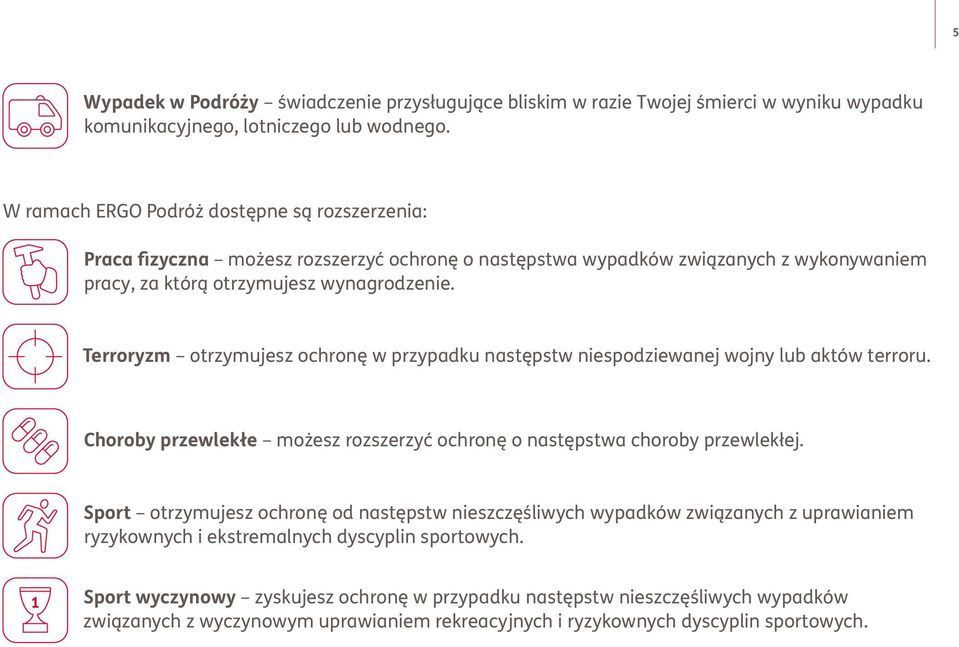 Terroryzm otrzymujesz ochronę w przypadku następstw niespodziewanej wojny lub aktów terroru. Choroby przewlekłe możesz rozszerzyć ochronę o następstwa choroby przewlekłej.