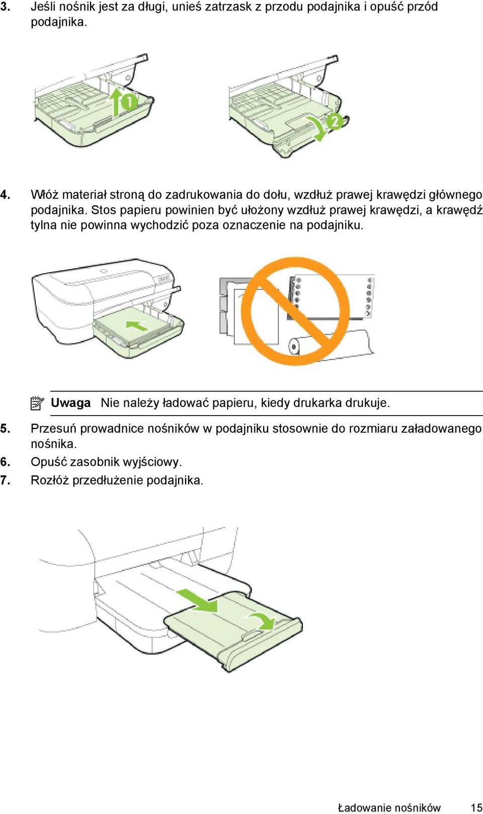 Stos papieru powinien być ułożony wzdłuż prawej krawędzi, a krawędź tylna nie powinna wychodzić poza oznaczenie na podajniku.