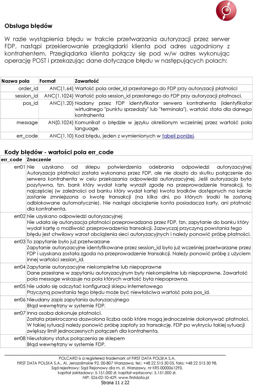 err_code ANC{1,64} Wartość pola order_id przesłanego do FDP przy autoryzacji płatności ANC{1,1024} Wartość pola session_id przesłanego do FDP przy autoryzacji płatnosci.