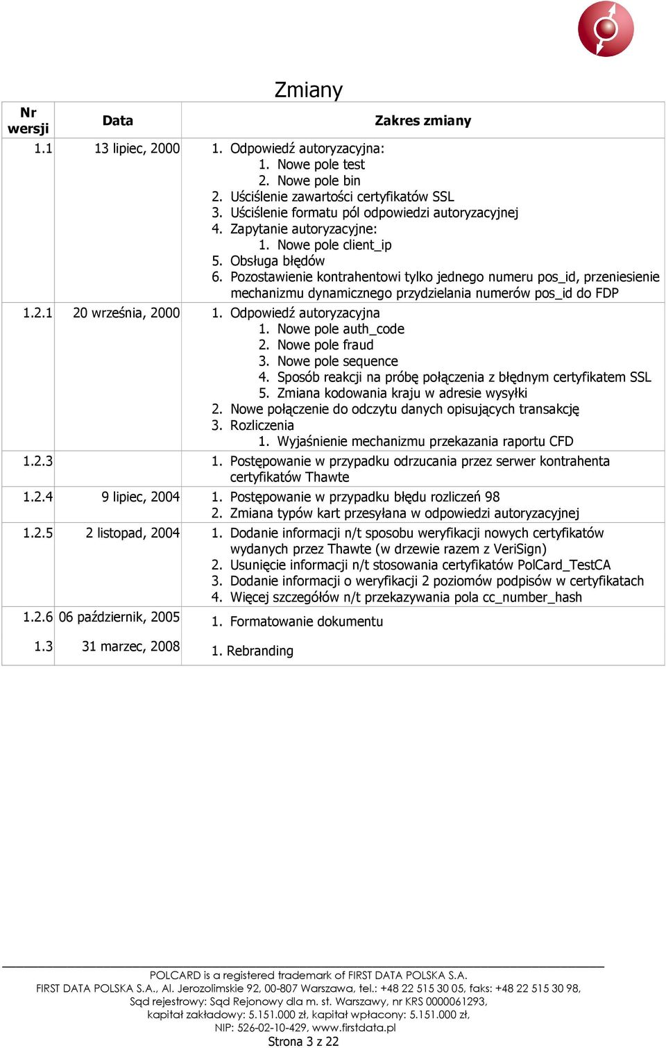 Pozostawienie kontrahentowi tylko jednego numeru pos_id, przeniesienie mechanizmu dynamicznego przydzielania numerów pos_id do FDP 1.2.1 20 września, 2000 1. Odpowiedź autoryzacyjna 1.