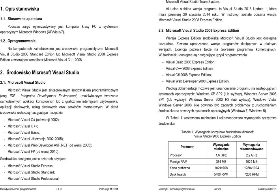 . Oprogramowanie Na komputerach zainstalowane jest środowisko programistyczne Microsoft Visual Studio 008 Standard Edition lub Microsoft Visual Studio 008 Express Edition zawierające kompilator