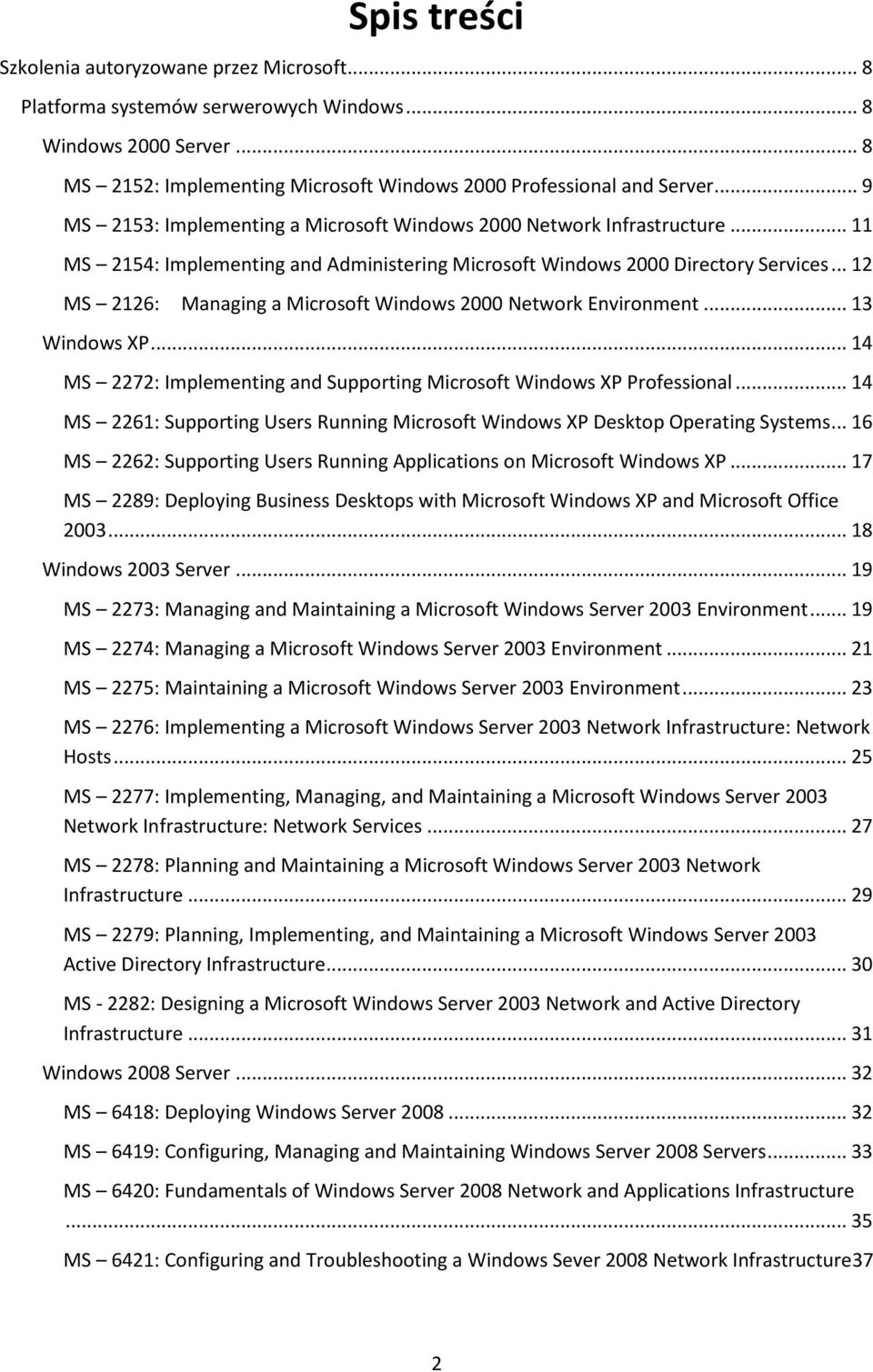 .. 12 MS 2126: Managing a Microsoft Windows 2000 Network Environment... 13 Windows XP... 14 MS 2272: Implementing and Supporting Microsoft Windows XP Professional.