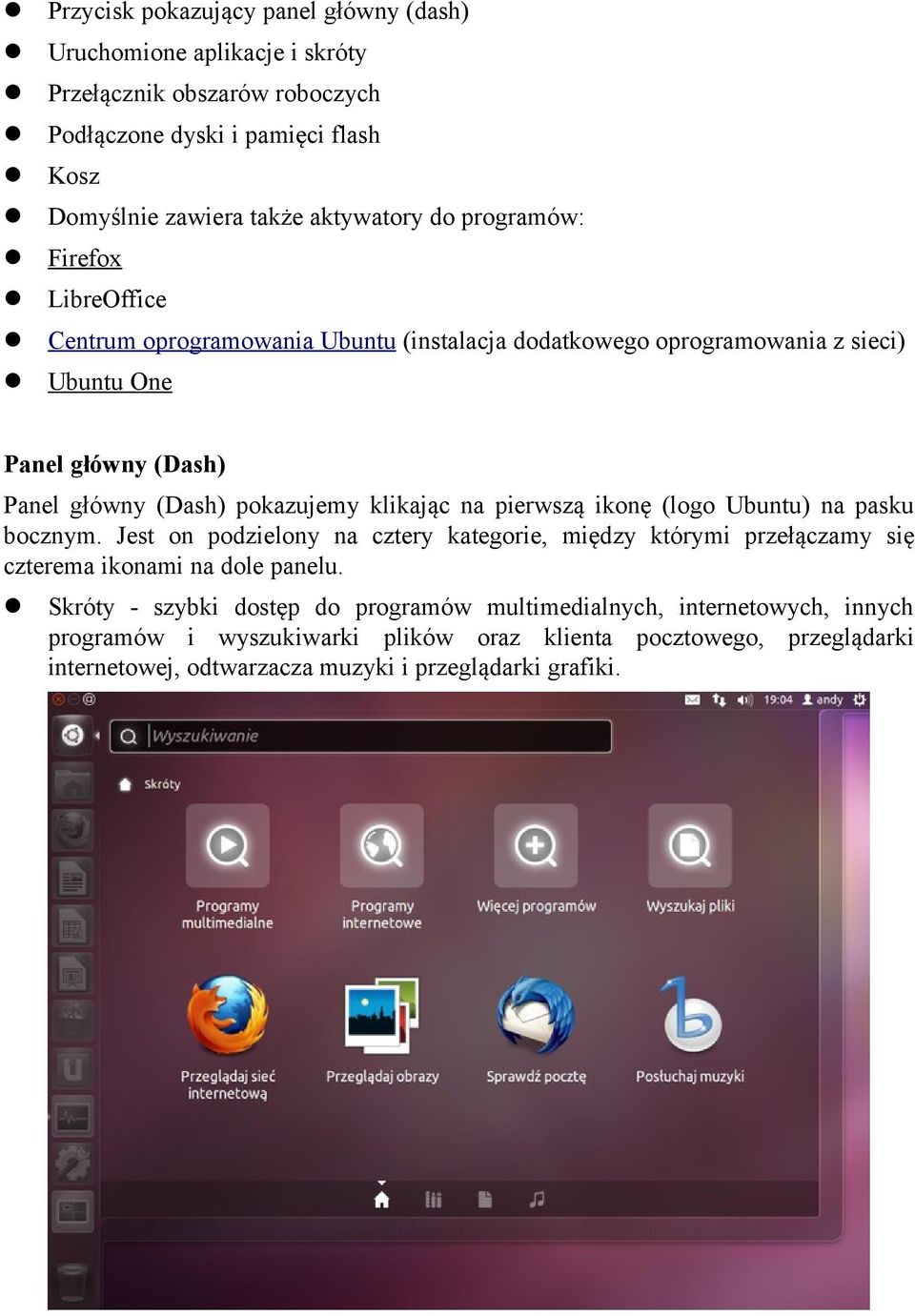 klikając na pierwszą ikonę (logo Ubuntu) na pasku bocznym. Jest on podzielony na cztery kategorie, między którymi przełączamy się czterema ikonami na dole panelu.