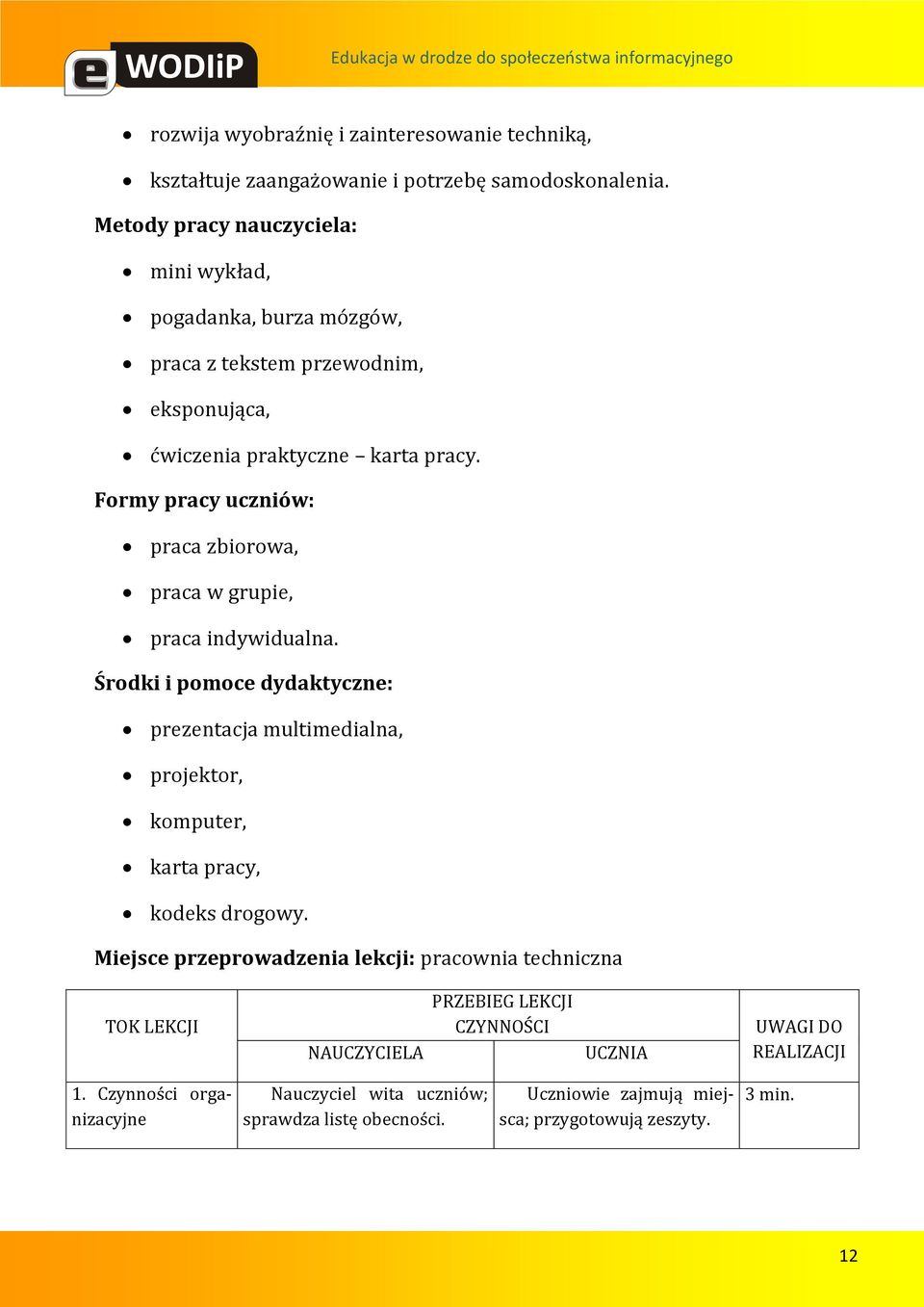 Formy pracy uczniów: praca zbiorowa, praca w grupie, praca indywidualna.