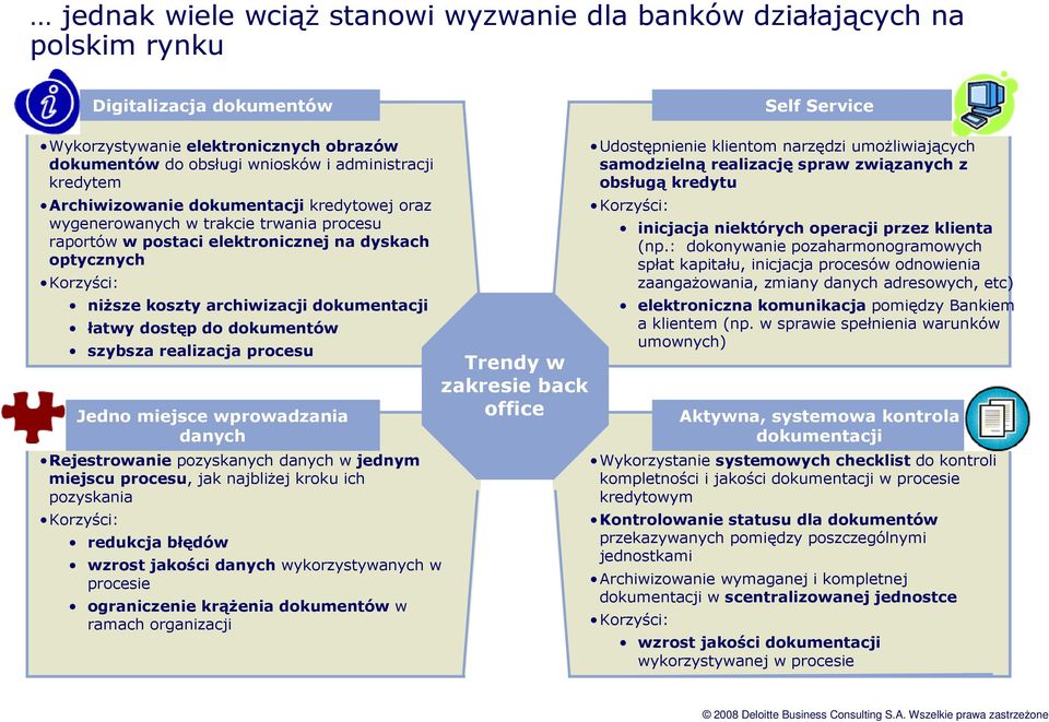 dokumentacji łatwy dostęp do dokumentów szybsza realizacja procesu Jedno miejsce wprowadzania danych Rejestrowanie pozyskanych danych w jednym miejscu procesu, jak najbliŝej kroku ich pozyskania