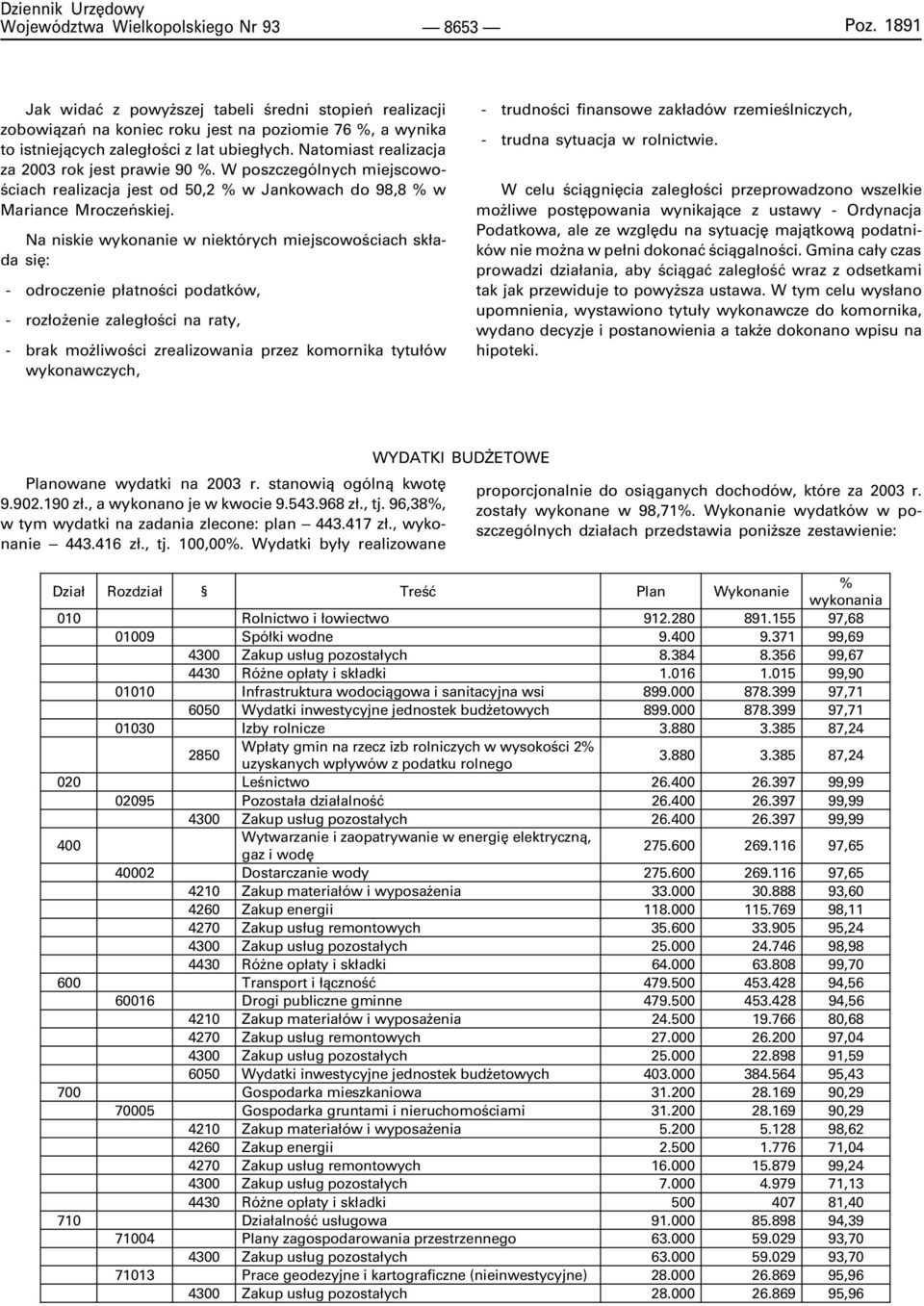 Natomiast realizacja za 23 rok jest prawie 9 %. W poszczególnych miejscowoœciach realizacja jest od 5,2 % w Jankowach do 98,8 % w Mariance Mroczeñskiej.