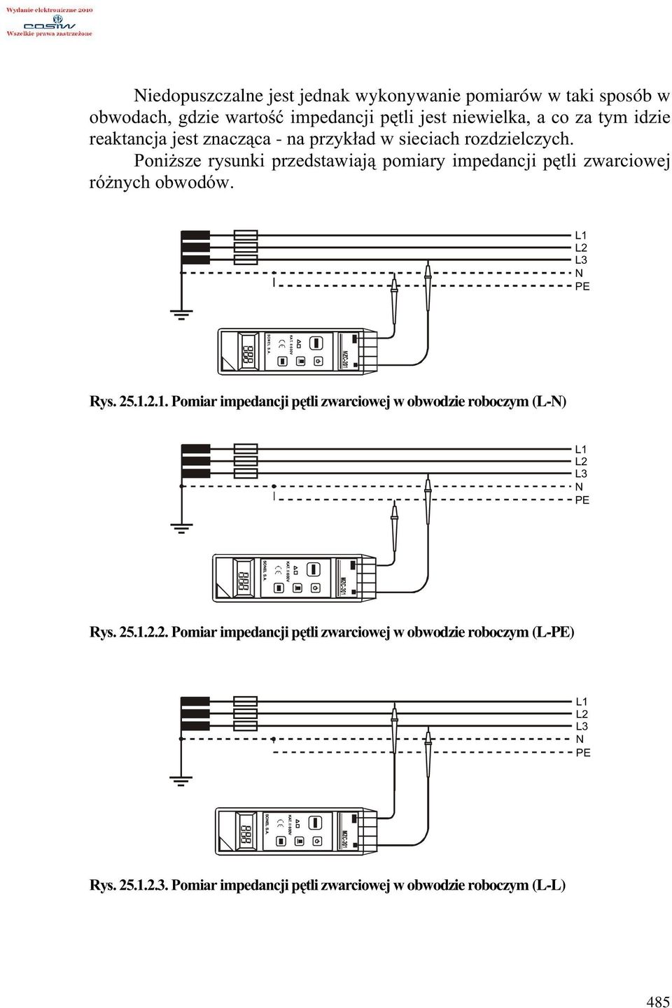 II 6 00V SONEL S.A. Rys. 25.1.2.1. Pomiar impedancji pętli zwarciowej w obwodzie roboczym (L-N) L1 L2 L3 N PE KAT. II 600V SONEL S.A. Rys. 25.1.2.2. Pomiar impedancji pętli zwarciowej w obwodzie roboczym (L-PE) L1 L2 L3 N PE KAT.