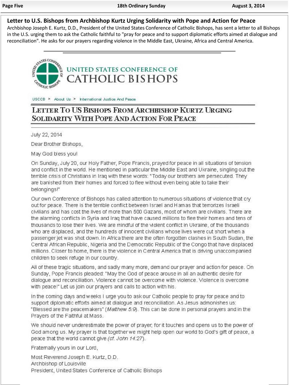 ates Conference of Catholic Bishops, has sent a letter to all Bishops in the U.S.