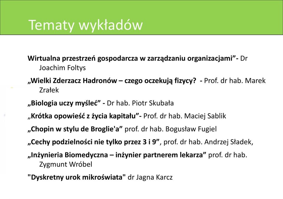 dr hab. Maciej Sablik Chopin w stylu de Broglie'a prof. dr hab. Bogusław Fugiel Cechy podzielności nie tylko przez 3 i 9, prof.