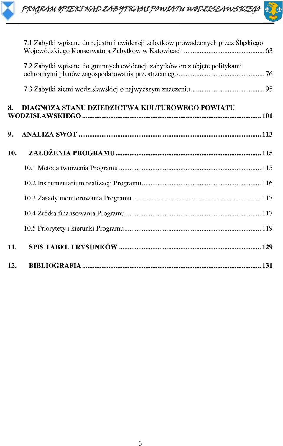 3 Zabytki ziemi wodzisławskiej o najwyższym znaczeniu... 95 8. DIAGNOZA STANU DZIEDZICTWA KULTUROWEGO POWIATU WODZISŁAWSKIEGO... 101 9. ANALIZA SWOT... 113 10. ZAŁOŻENIA PROGRAMU.