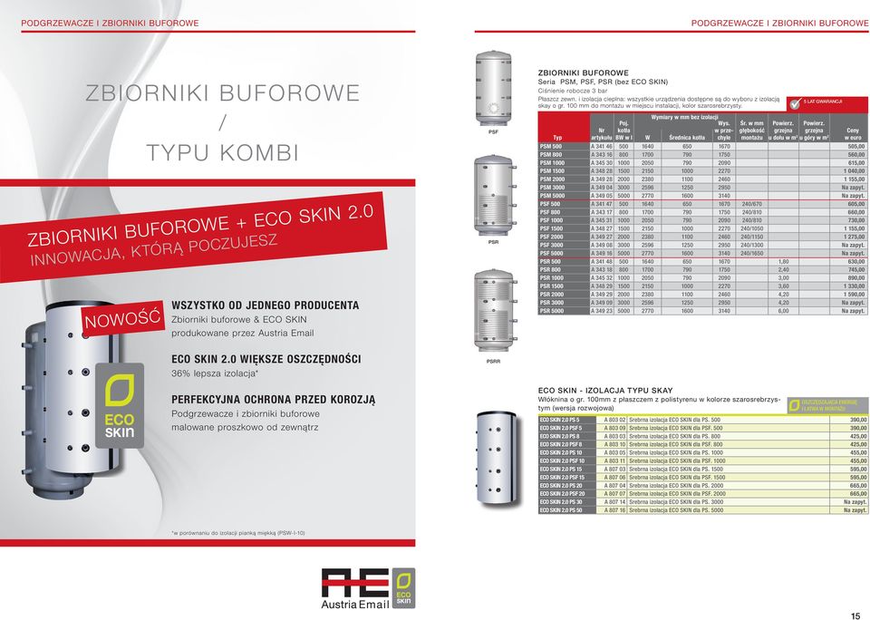 0 większe oszczędności 36% epsza izoacja* PSF PSR PSRR ZBIORNIKI BUFOROWE Seria PSM, PSF, PSR (bez ECO SKIN) Ciśnienie robocze 3 bar Płaszcz zewn.