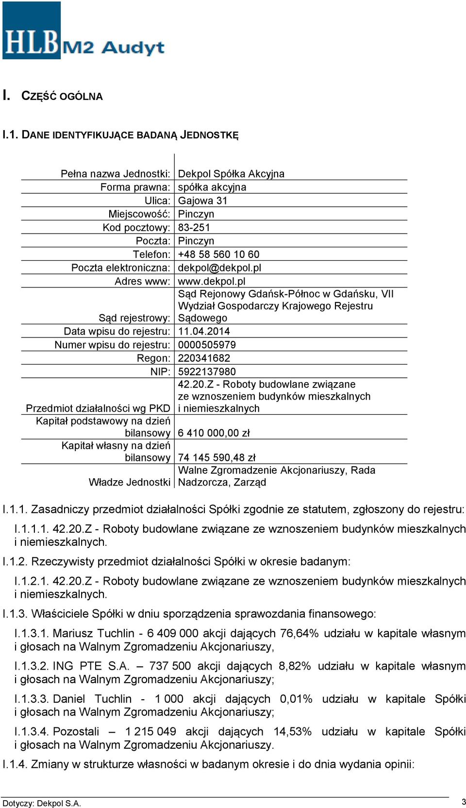 58 560 10 60 Poczta elektroniczna: dekpol@dekpol.pl Adres www: www.dekpol.pl Sąd Rejonowy Gdańsk-Północ w Gdańsku, VII Wydział Gospodarczy Krajowego Rejestru Sąd rejestrowy: Sądowego Data wpisu do rejestru: 11.