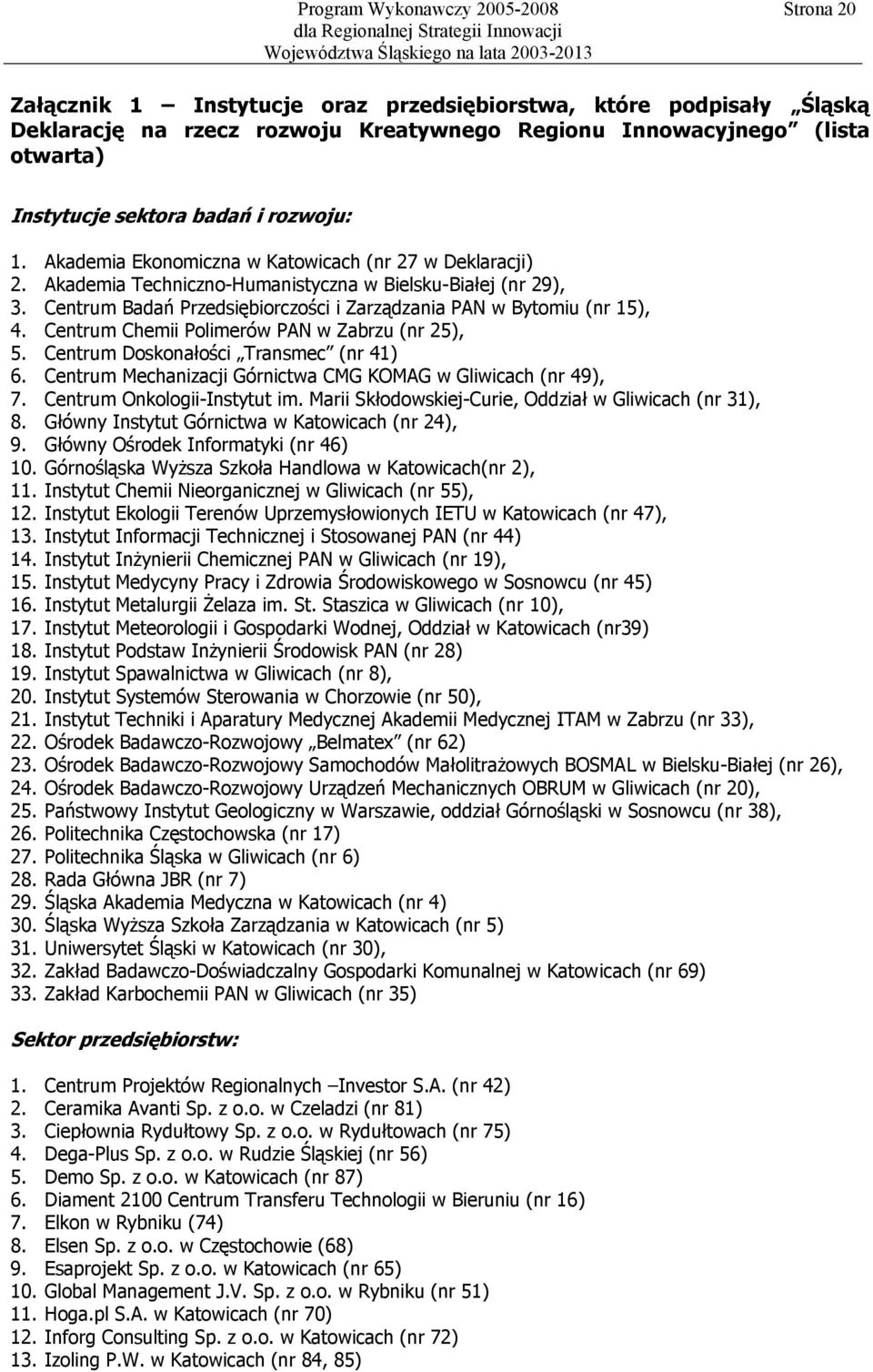 Centrum Chemii Polimerów PAN w Zabrzu (nr 25), 5. Centrum Doskonałości Transmec (nr 41) 6. Centrum Mechanizacji Górnictwa CMG KOMAG w Gliwicach (nr 49), 7. Centrum Onkologii-Instytut im.