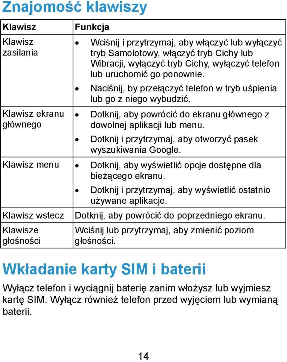 Dotknij i przytrzymaj, aby otworzyć pasek wyszukiwania Google. Klawisz menu Dotknij, aby wyświetlić opcje dostępne dla bieżącego ekranu.