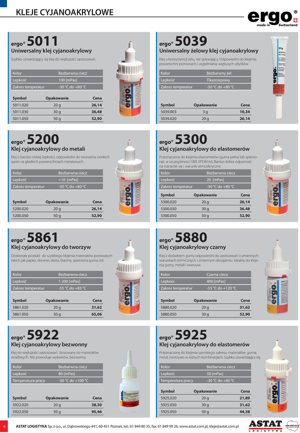 Odpowiedni do klejenia powierzchni pionowych i wypełniania większych ubytków. żel Tiksotorpowy Zakres temperatur -30 C do +80 C made in Switzerland 5011.020 20 g 26,14 5011.030 30 g 36,48 5011.