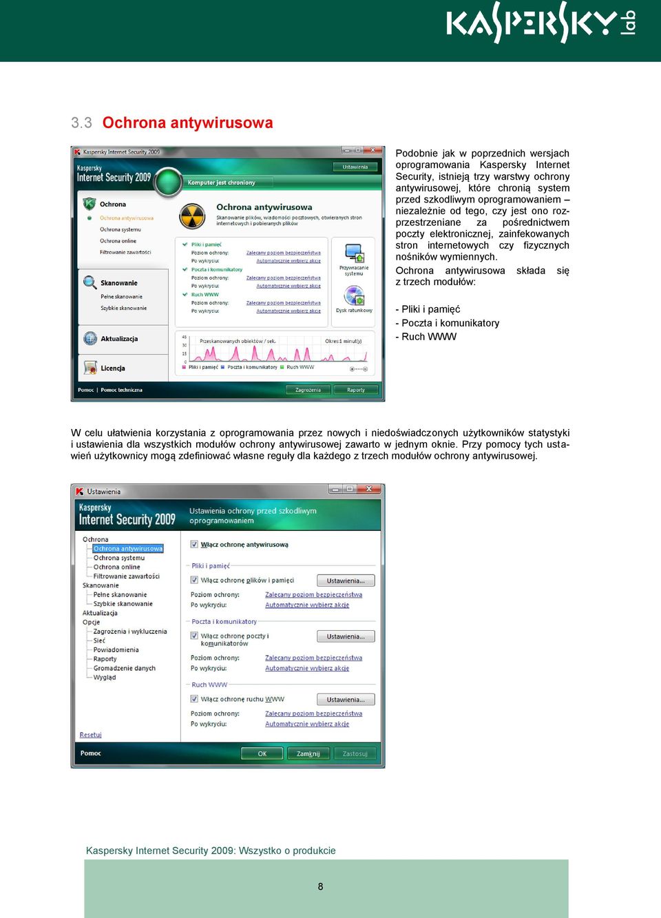 Ochrona antywirusowa składa się z trzech modułów: - Pliki i pamięć - Poczta i komunikatory - Ruch WWW W celu ułatwienia korzystania z oprogramowania przez nowych i niedoświadczonych użytkowników
