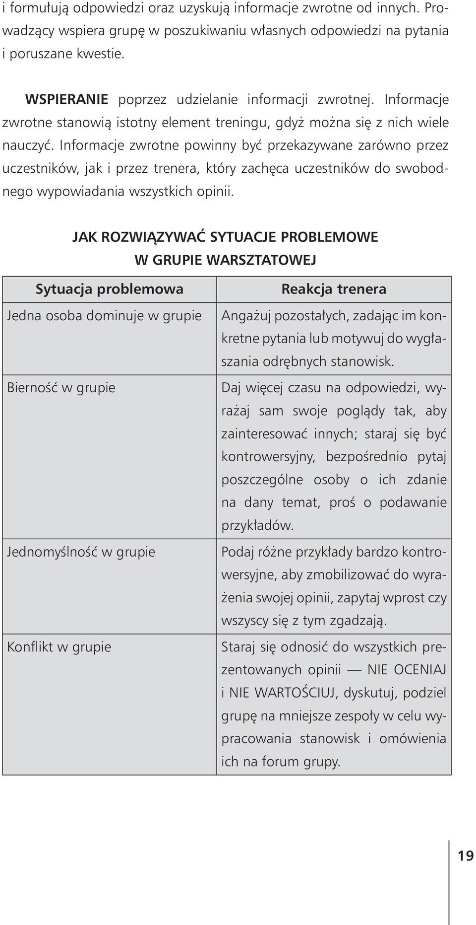 Informacje zwrotne powinny byæ przekazywane zarówno przez uczestników, jak i przez trenera, który zachêca uczestników do swobodnego wypowiadania wszystkich opinii.