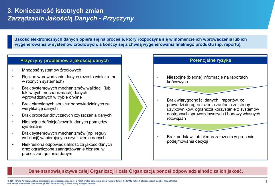 Przyczyny problemów z jakością danych Mnogość systemów źródłowych Ręczne wprowadzanie danych (często wielokrotne, w różnych systemach) Brak systemowych mechanizmów walidacji (lub luki w tych