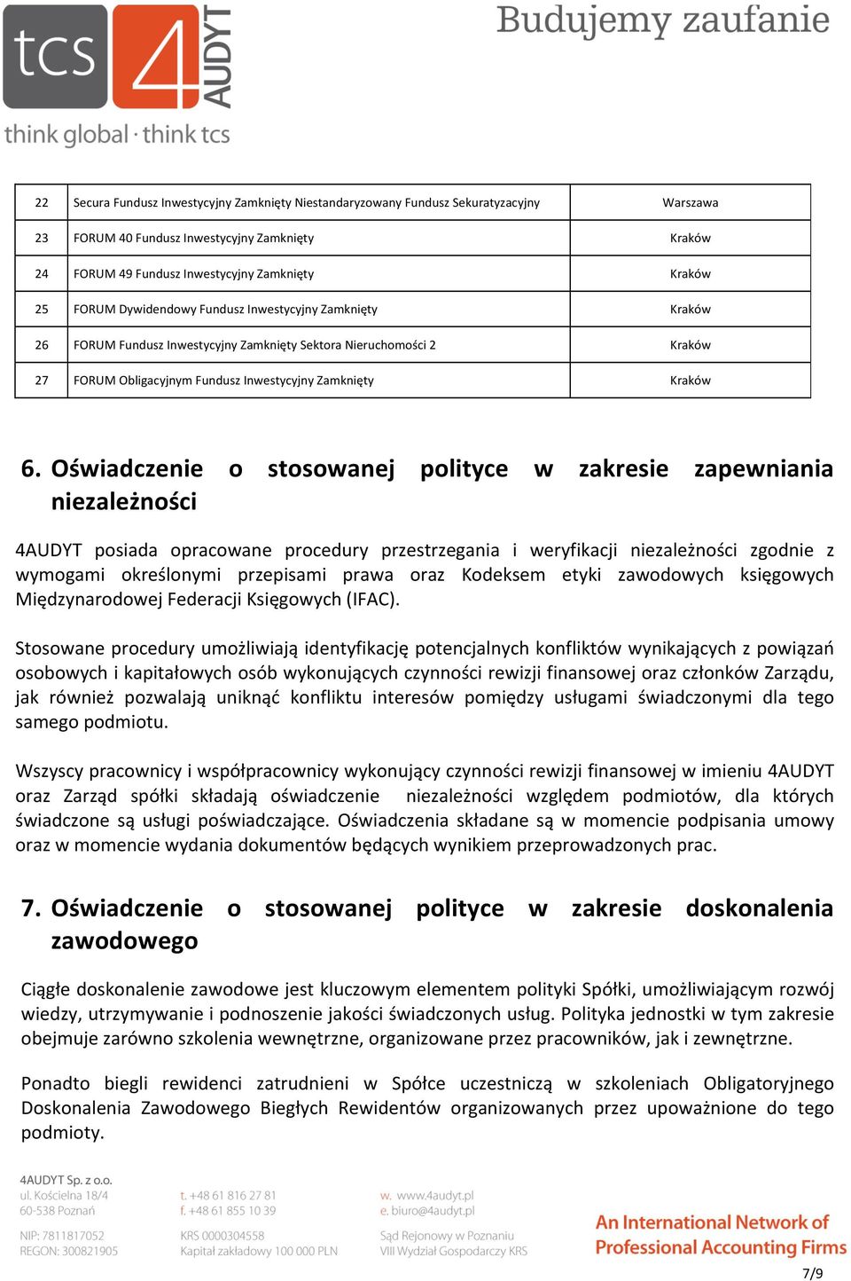 Oświadczenie o stosowanej polityce w zakresie zapewniania niezależności 4AUDYT posiada opracowane procedury przestrzegania i weryfikacji niezależności zgodnie z wymogami określonymi przepisami prawa