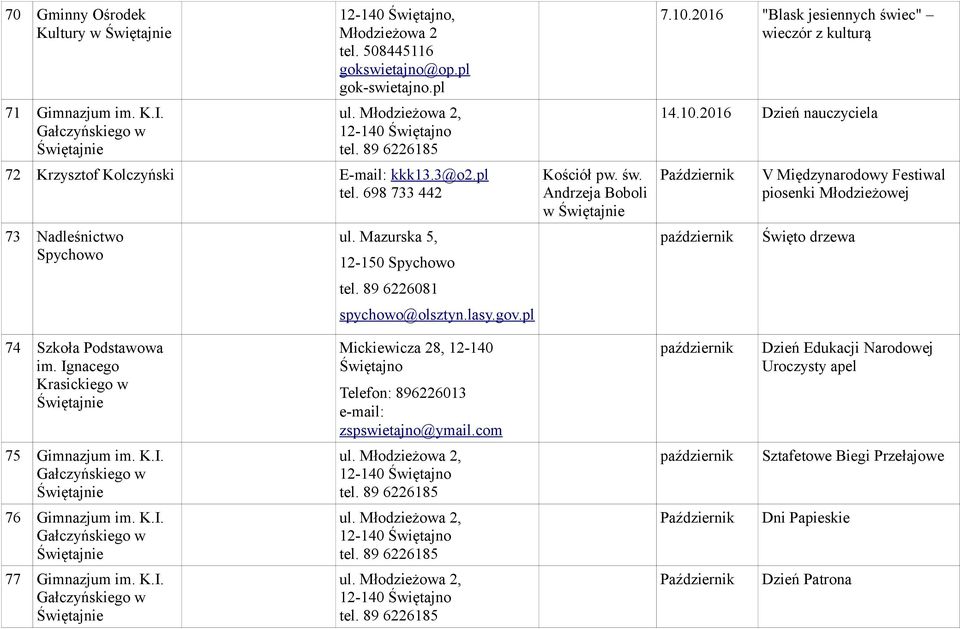 2016 Dzień nauczyciela Październik październik V Międzynarodowy Festiwal piosenki Młodzieżowej Święto drzewa 74 im.