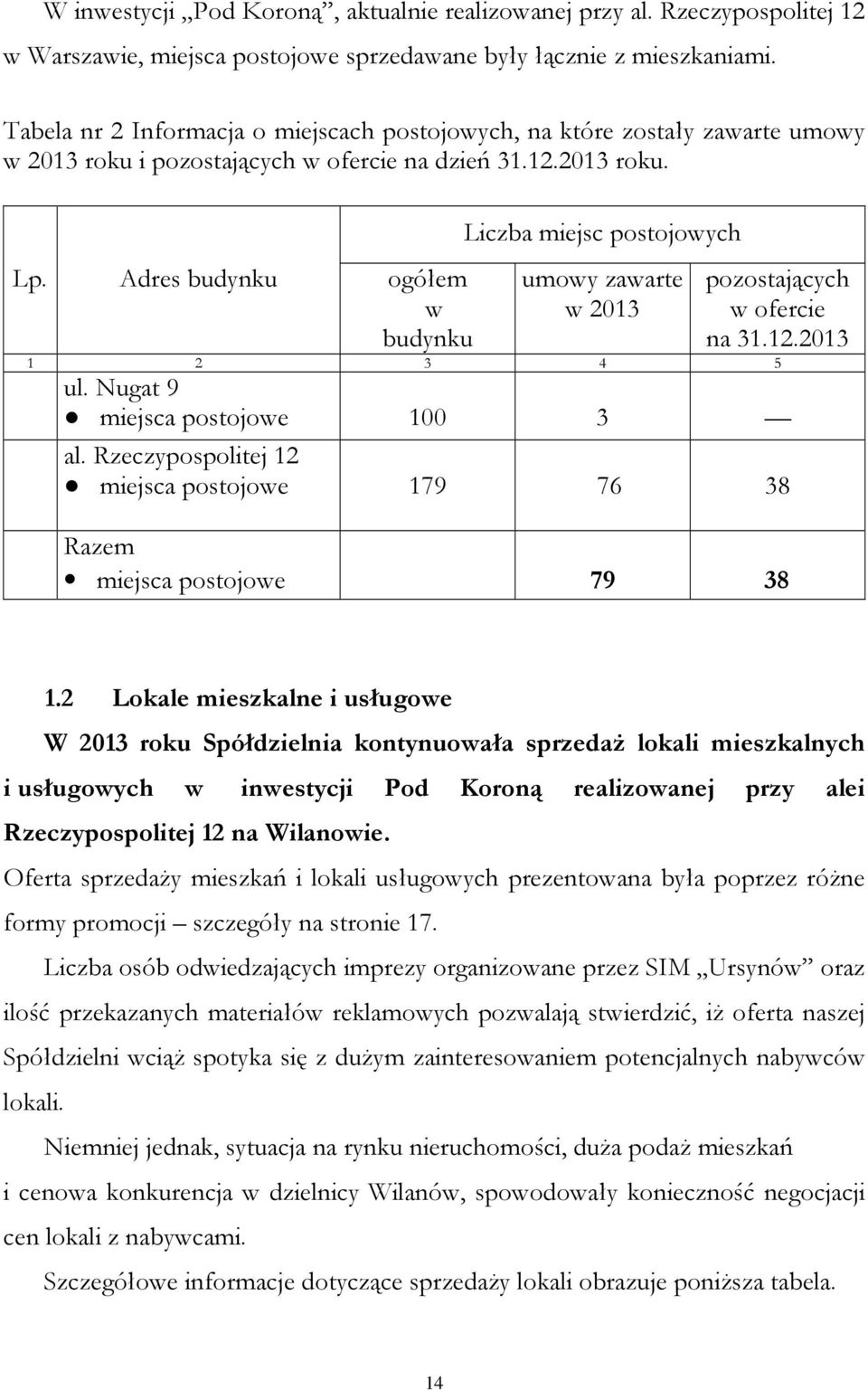 Adres budynku ogółem w budynku Liczba miejsc postojowych umowy zawarte w 2013 pozostających w ofercie na 31.12.2013 1 2 3 4 5 ul. Nugat 9 miejsca postojowe 100 3 al.