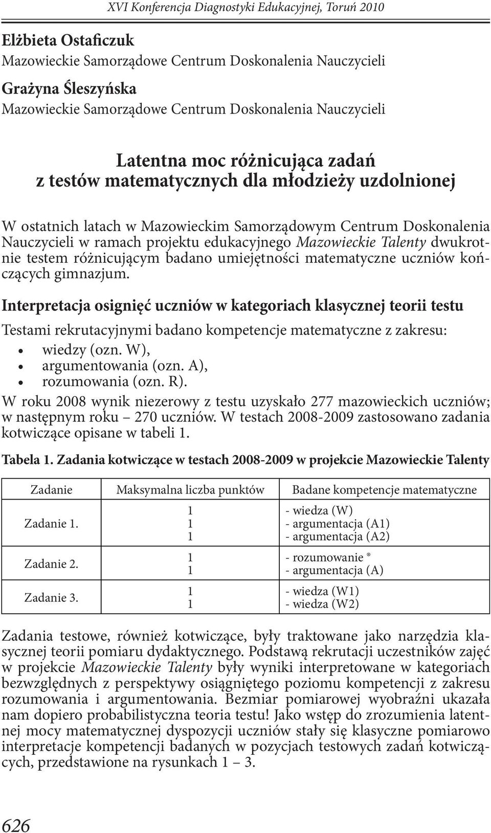 edukacyjnego Mazowieckie Talenty dwukrotnie testem różnicującym badano umiejętności matematyczne uczniów kończących gimnazjum.