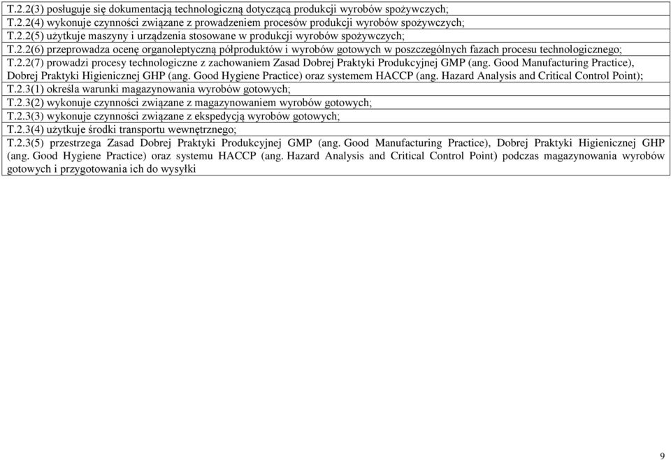 Good Manufacturing ractice), Dobrej raktyki Higienicznej GH (ang. Good Hygiene ractice) oraz systemem HA (ang. Hazard Analysis and ritical ontrol oint); T.2.