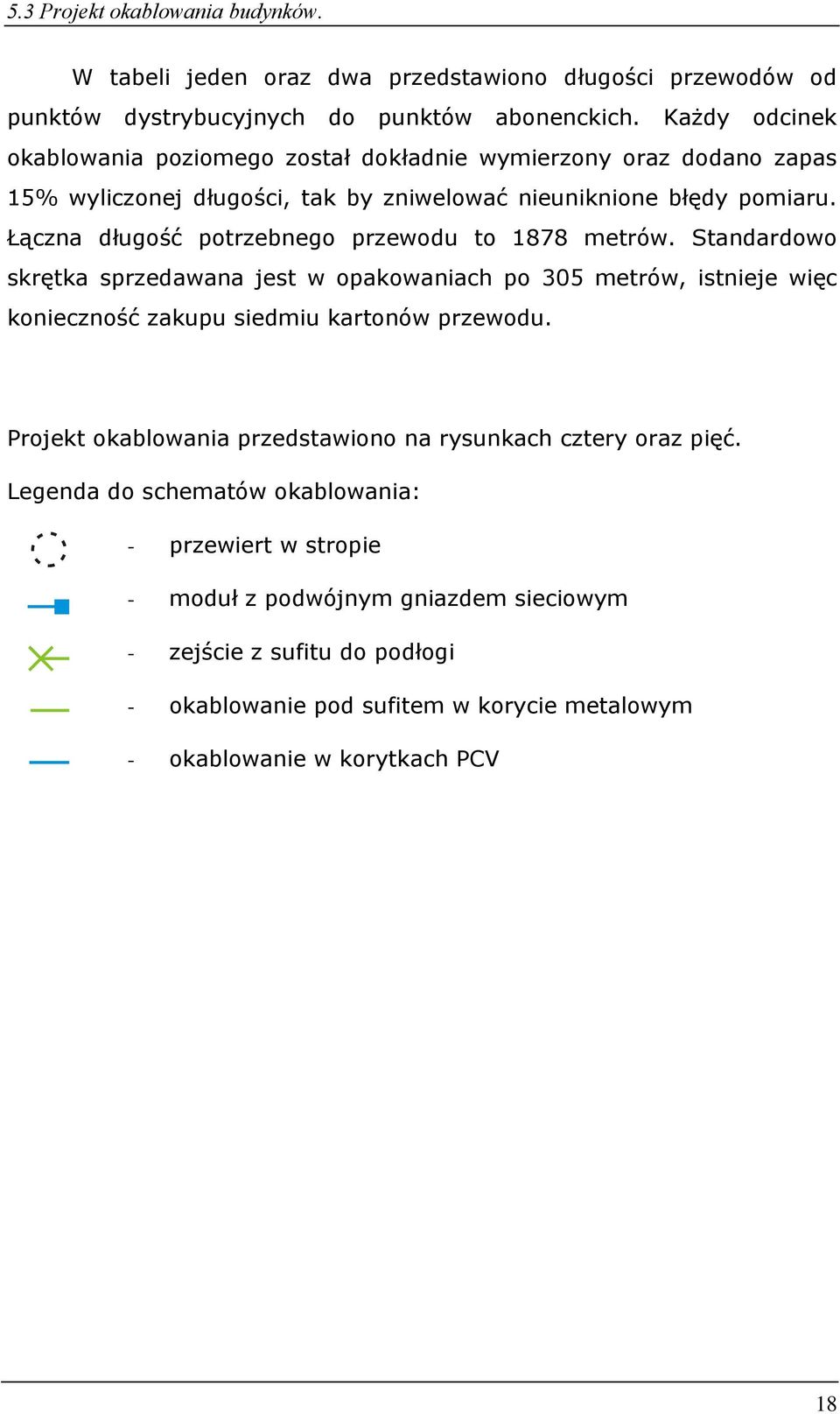 Łączna długość potrzebnego przewodu to 1878 metrów. Standardowo skrętka sprzedawana jest w opakowaniach po 305 metrów, istnieje więc konieczność zakupu siedmiu kartonów przewodu.