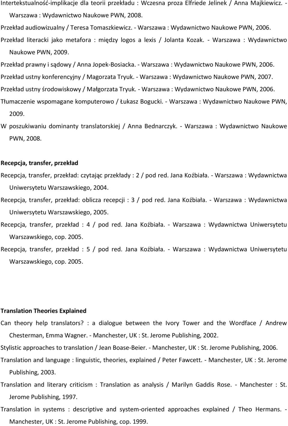 Przekład prawny i sądowy / Anna Jopek-Bosiacka. - Warszawa : Wydawnictwo Naukowe PWN, 2006. Przekład ustny konferencyjny / Magorzata Tryuk. - Warszawa : Wydawnictwo Naukowe PWN, 2007.