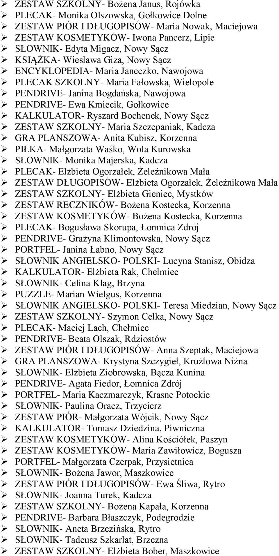 KALKULATOR- Ryszard Bochenek, Nowy Sącz ZESTAW SZKOLNY- Maria Szczepaniak, Kadcza GRA PLANSZOWA- Anita Kubisz, Korzenna PIŁKA- Małgorzata Waśko, Wola Kurowska SŁOWNIK- Monika Majerska, Kadcza PLECAK-