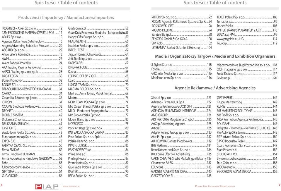 ..24 AXA Trading Paulina Kurkowska...10 AXPOL Trading sp. z o.o. sp. k....28 BAG DESIGN...30 Biznes Promotion...32 BONUS BTL s.c....30 BTL-SOLUTIONS KRZYSZTOF KANOWSKI...31 CAPIRA.