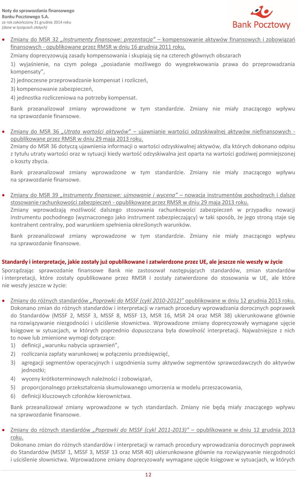 jednoczesne przeprowadzanie kompensat i rozliczeń, 3) kompensowanie zabezpieczeń, 4) jednostka rozliczeniowa na potrzeby kompensat. Bank przeanalizował zmiany wprowadzone w tym standardzie.