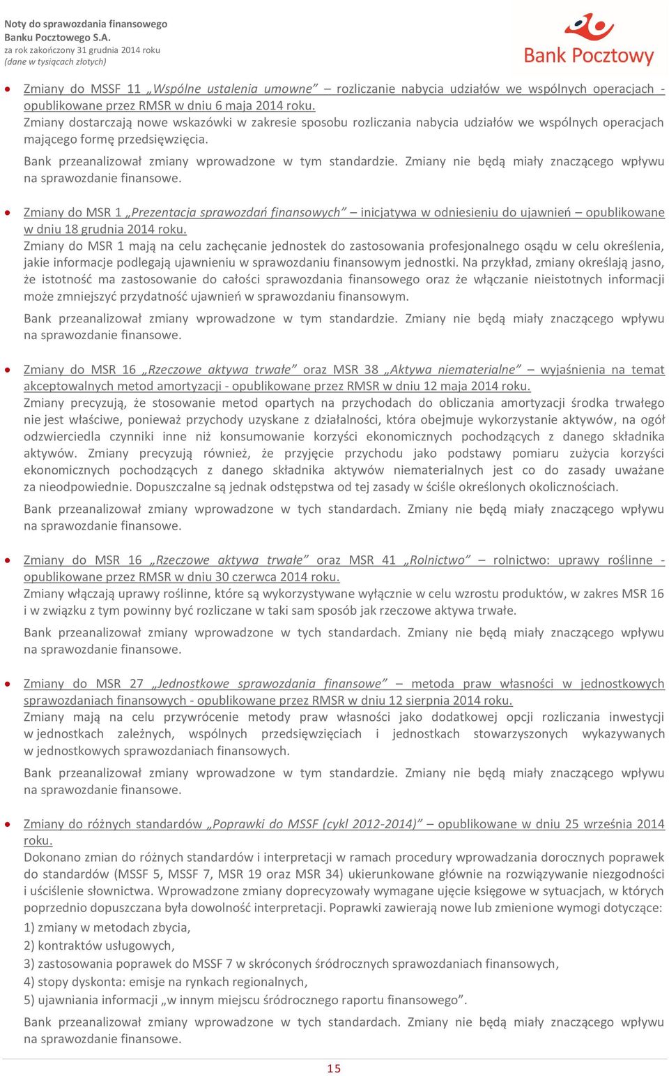 Zmiany nie będą miały znaczącego wpływu na sprawozdanie finansowe. Zmiany do MSR 1 Prezentacja sprawozdań finansowych inicjatywa w odniesieniu do ujawnień opublikowane w dniu 18 grudnia 2014 roku.