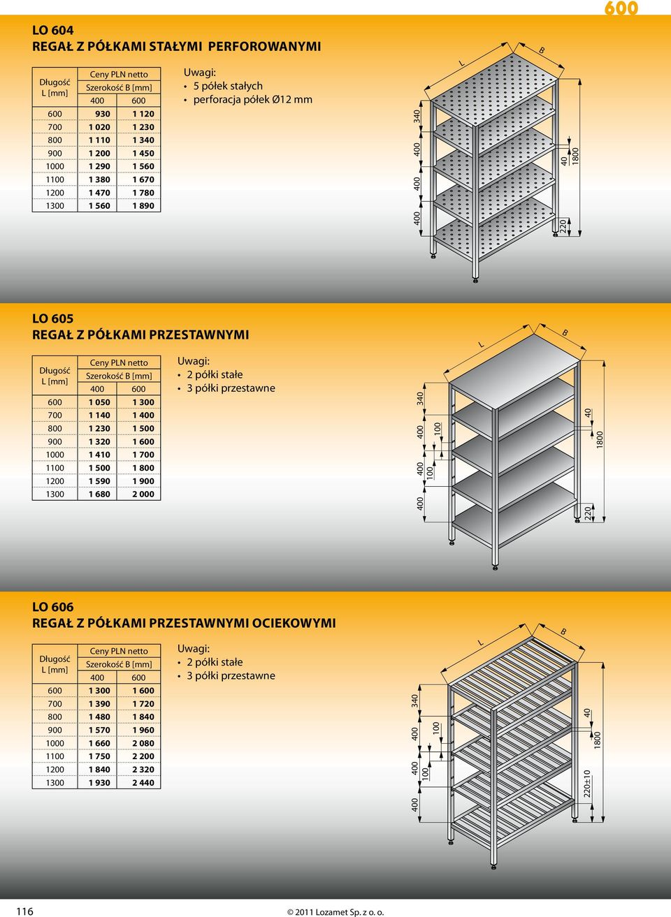 500 1 800 1200 1 590 1 900 1300 1 680 2 000 2 półki stałe 3 półki przestawne 0 0 0 3 O 606 z półkami przestawnymi ociekowymi 0 1 300 1 700 1 390 1 720