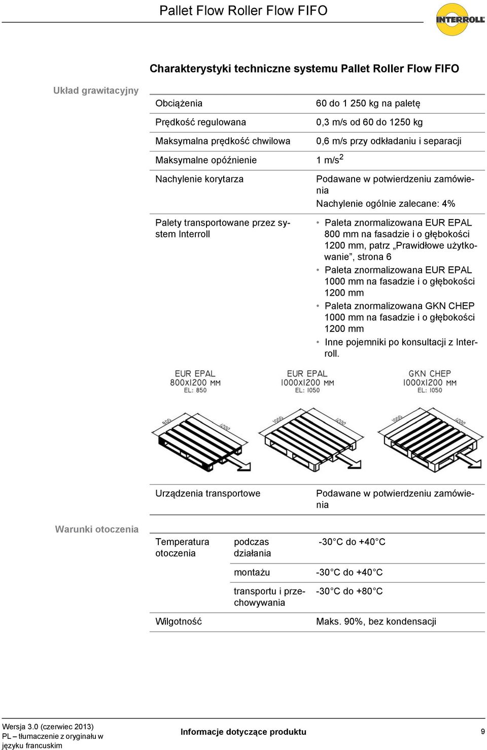 znormalizowana EUR EPAL 800 mm na fasadzie i o głębokości 1200 mm, patrz Prawidłowe użytkowanie, strona 6 Paleta znormalizowana EUR EPAL 1000 mm na fasadzie i o głębokości 1200 mm Paleta