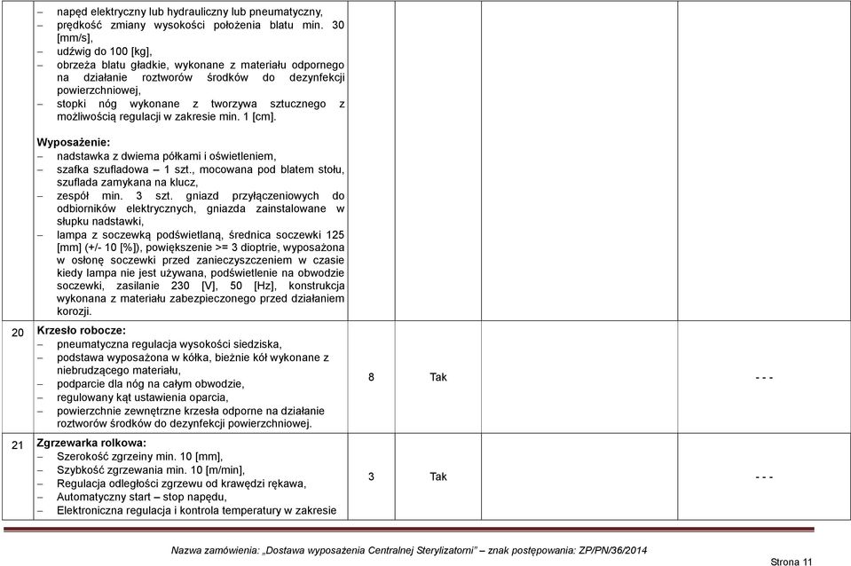 możliwością regulacji w zakresie min. 1 [cm]. Wyposażenie: nadstawka z dwiema półkami i oświetleniem, szafka szufladowa 1 szt., mocowana pod blatem stołu, szuflada zamykana na klucz, zespół min.