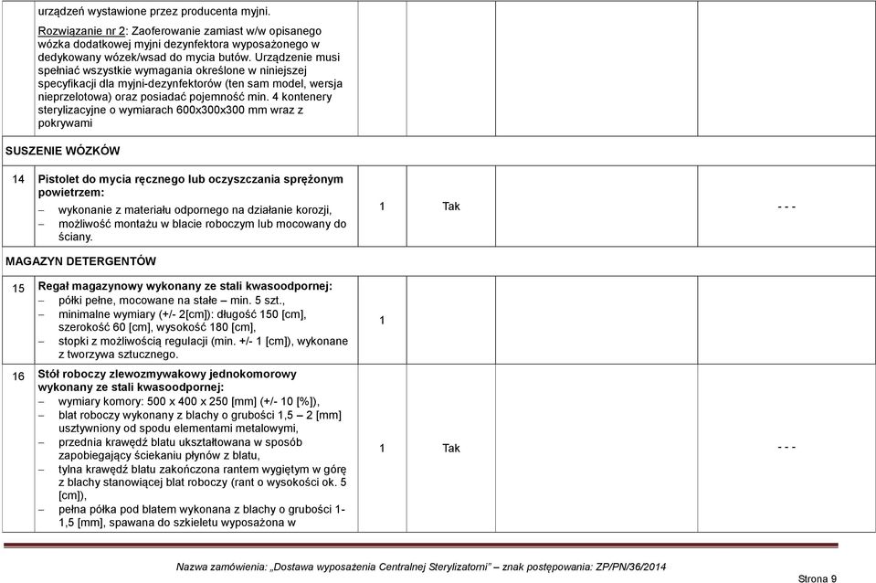 4 kontenery sterylizacyjne o wymiarach 600x300x300 mm wraz z pokrywami SUSZENIE WÓZKÓW 14 Pistolet do mycia ręcznego lub oczyszczania sprężonym powietrzem: wykonanie z materiału odpornego na