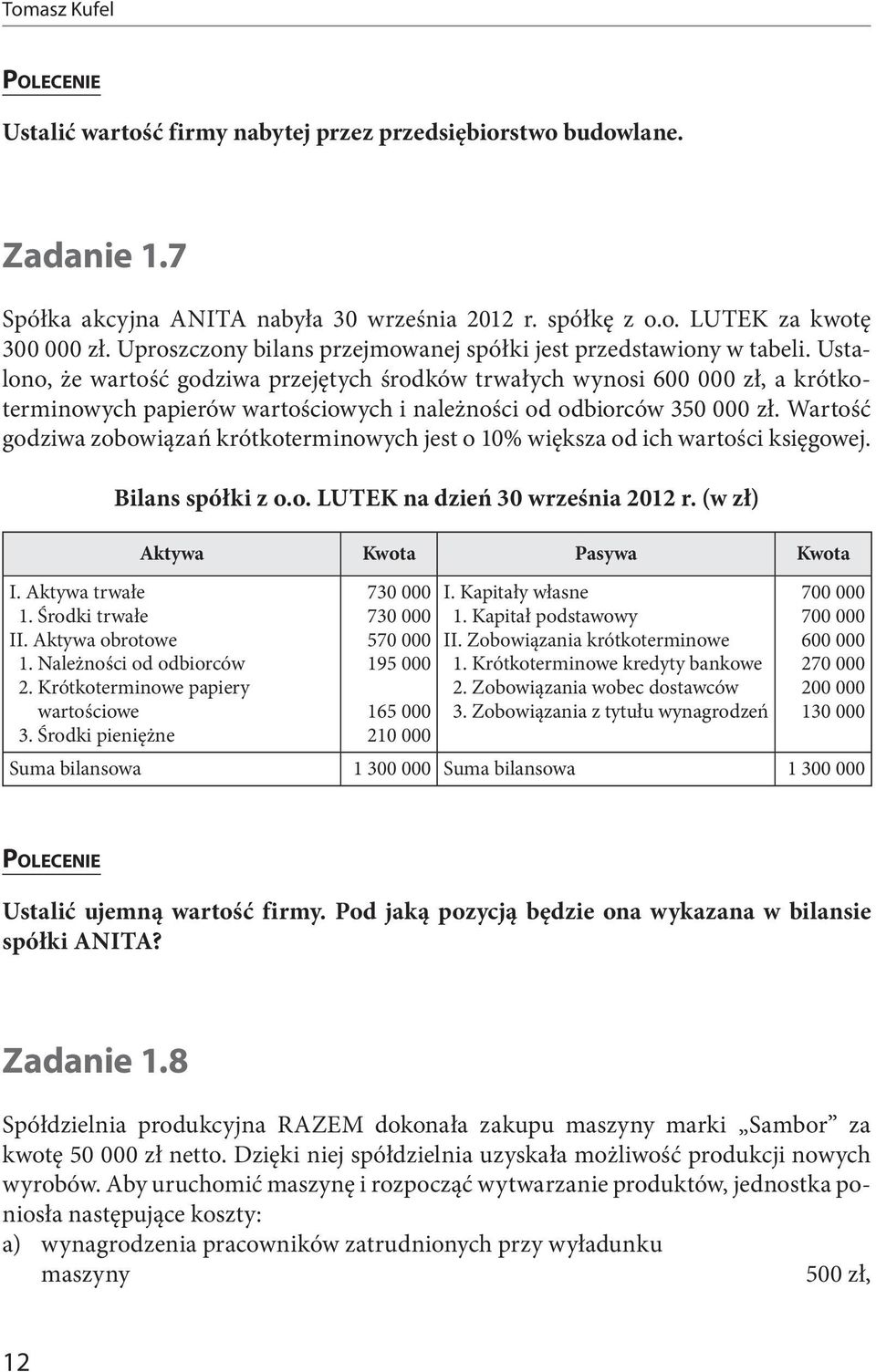 Ustalono, że wartość godziwa przejętych środków trwałych wynosi 600 000 zł, a krótkoterminowych papierów wartościowych i należności od odbiorców 350 000 zł.