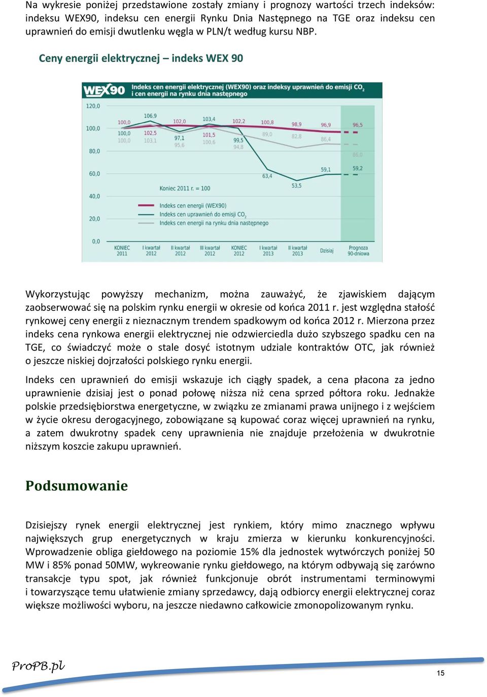 jest względna stałość rynkowej ceny energii z nieznacznym trendem spadkowym od końca 2012 r.