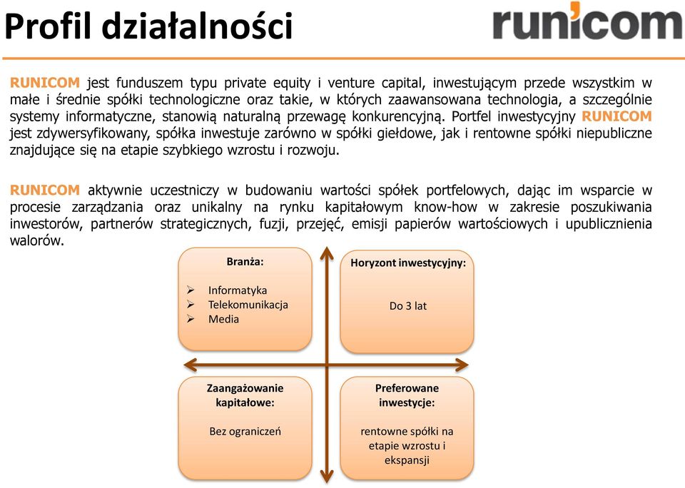 Portfel inwestycyjny RUNICOM jest zdywersyfikowany, spółka inwestuje zarówno w spółki giełdowe, jak i rentowne spółki niepubliczne znajdujące się na etapie szybkiego wzrostu i rozwoju.