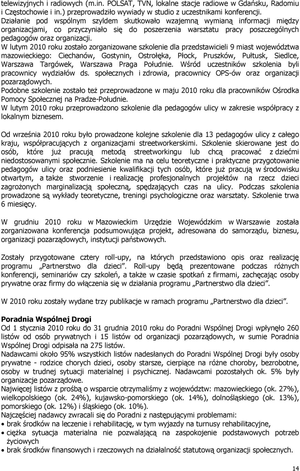 W lutym 2010 roku zostało zorganizowane szkolenie dla przedstawicieli 9 miast województwa mazowieckiego: Ciechanów, Gostynin, Ostrołęka, Płock, Pruszków, Pułtusk, Siedlce, Warszawa Targówek, Warszawa