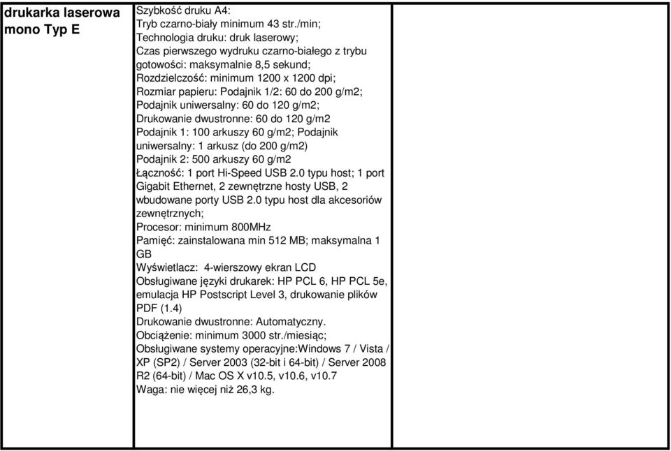 200 g/m2; Podajnik uniwersalny: 60 do 120 g/m2; Drukowanie dwustronne: 60 do 120 g/m2 Podajnik 1: 100 arkuszy 60 g/m2; Podajnik uniwersalny: 1 arkusz (do 200 g/m2) Podajnik 2: 500 arkuszy 60 g/m2