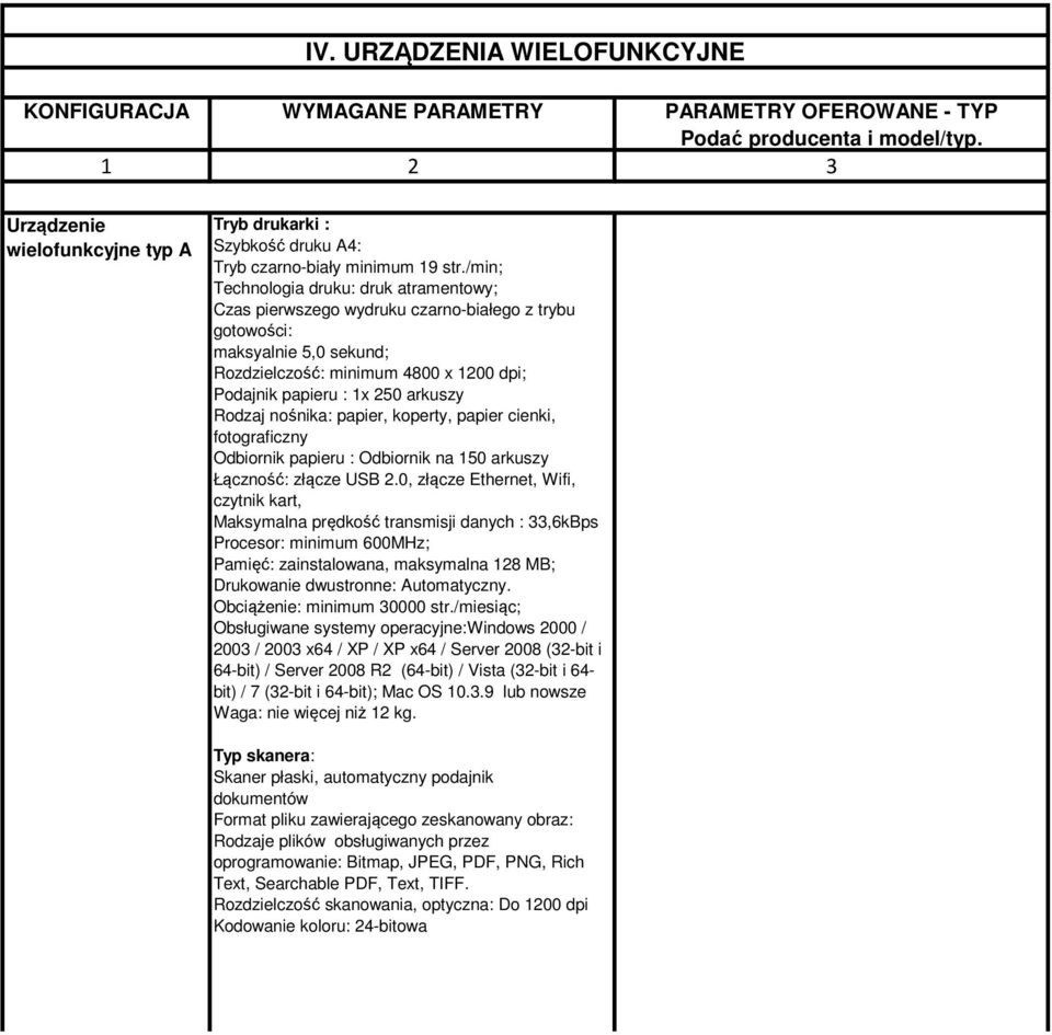 /min; Technologia druku: druk atramentowy; Czas pierwszego wydruku czarno-białego z trybu gotowości: maksyalnie 5,0 sekund; Rozdzielczość: minimum 4800 x 1200 dpi; Podajnik papieru : 1x 250 arkuszy