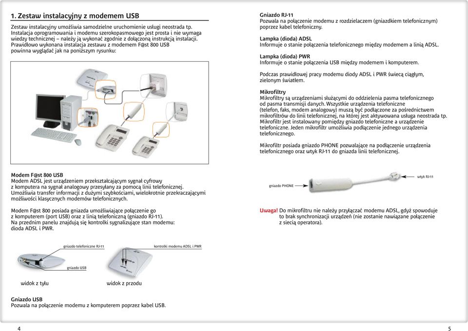 Prawidłowo wykonana instalacja zestawu z modemem F@st 800 USB powinna wyglądać jak na poniższym rysunku: Gniazdo RJ-11 Pozwala na połączenie modemu z rozdzielaczem (gniazdkiem telefonicznym) poprzez