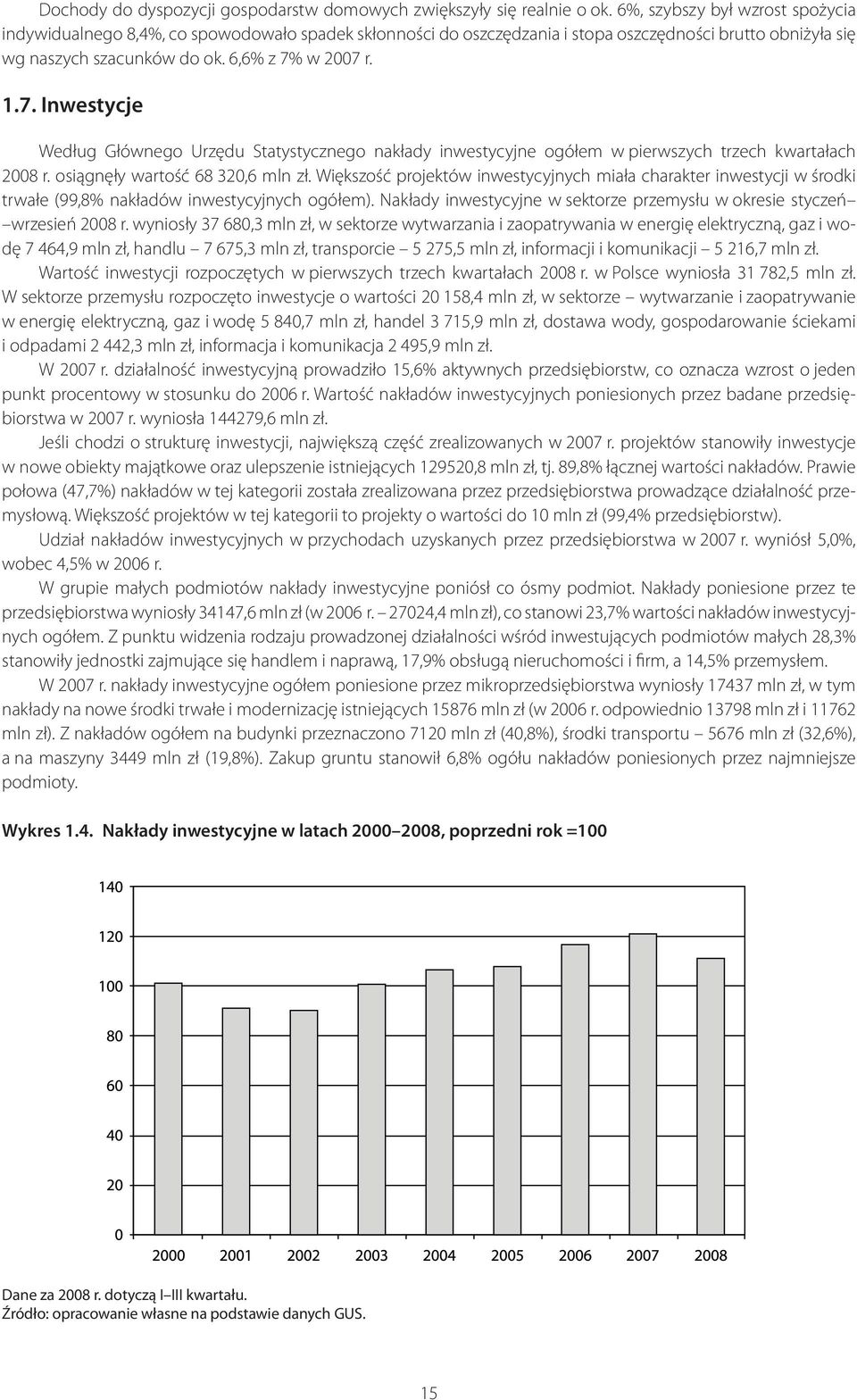 w 2007 r. 1.7. Inwestycje Według Głównego Urzędu Statystycznego nakłady inwestycyjne ogółem w pierwszych trzech kwartałach 2008 r. osiągnęły wartość 68 320,6 mln zł.