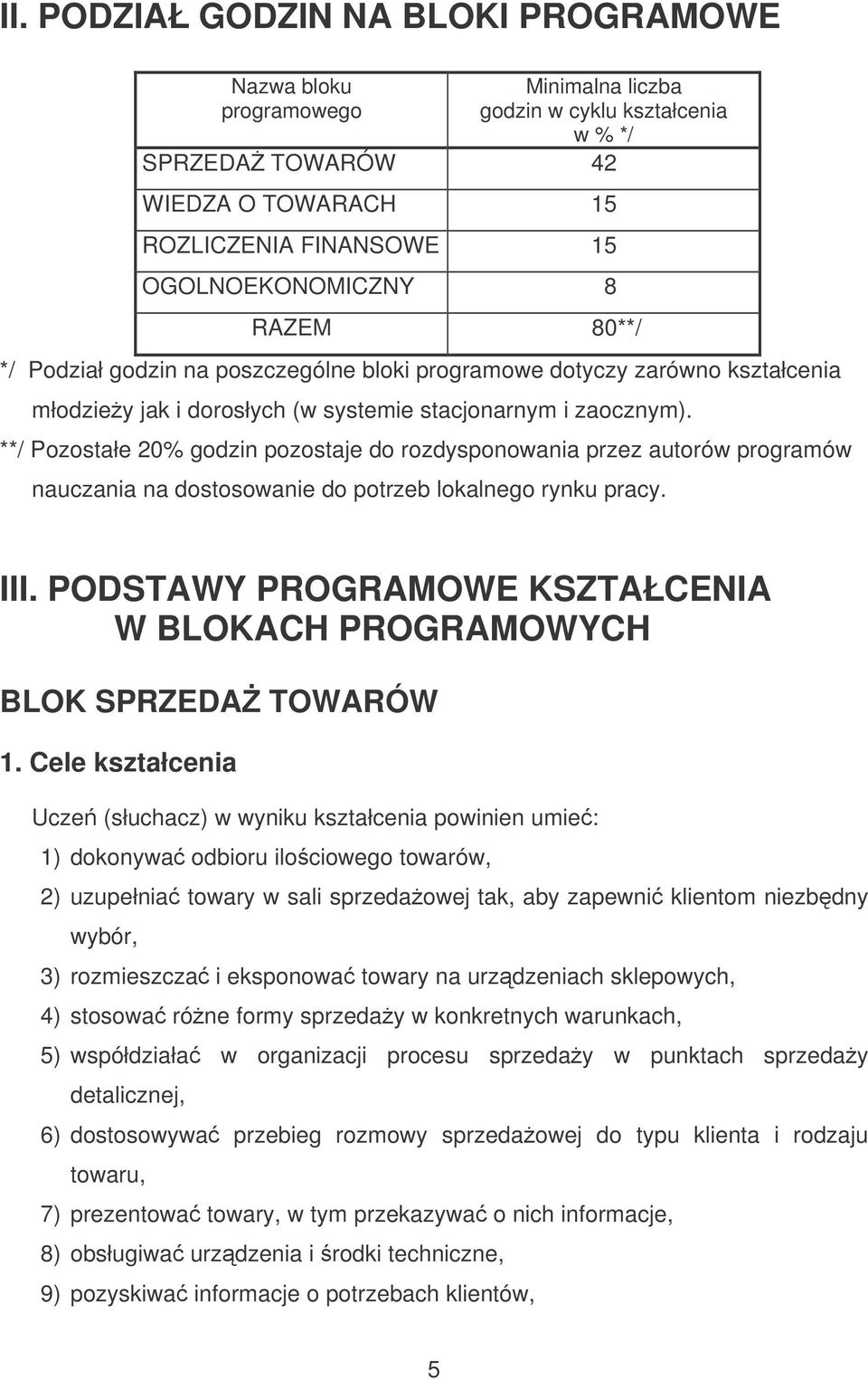 **/ Pozostałe 20% godzin pozostaje do rozdysponowania przez autorów programów nauczania na dostosowanie do potrzeb lokalnego rynku pracy. III.