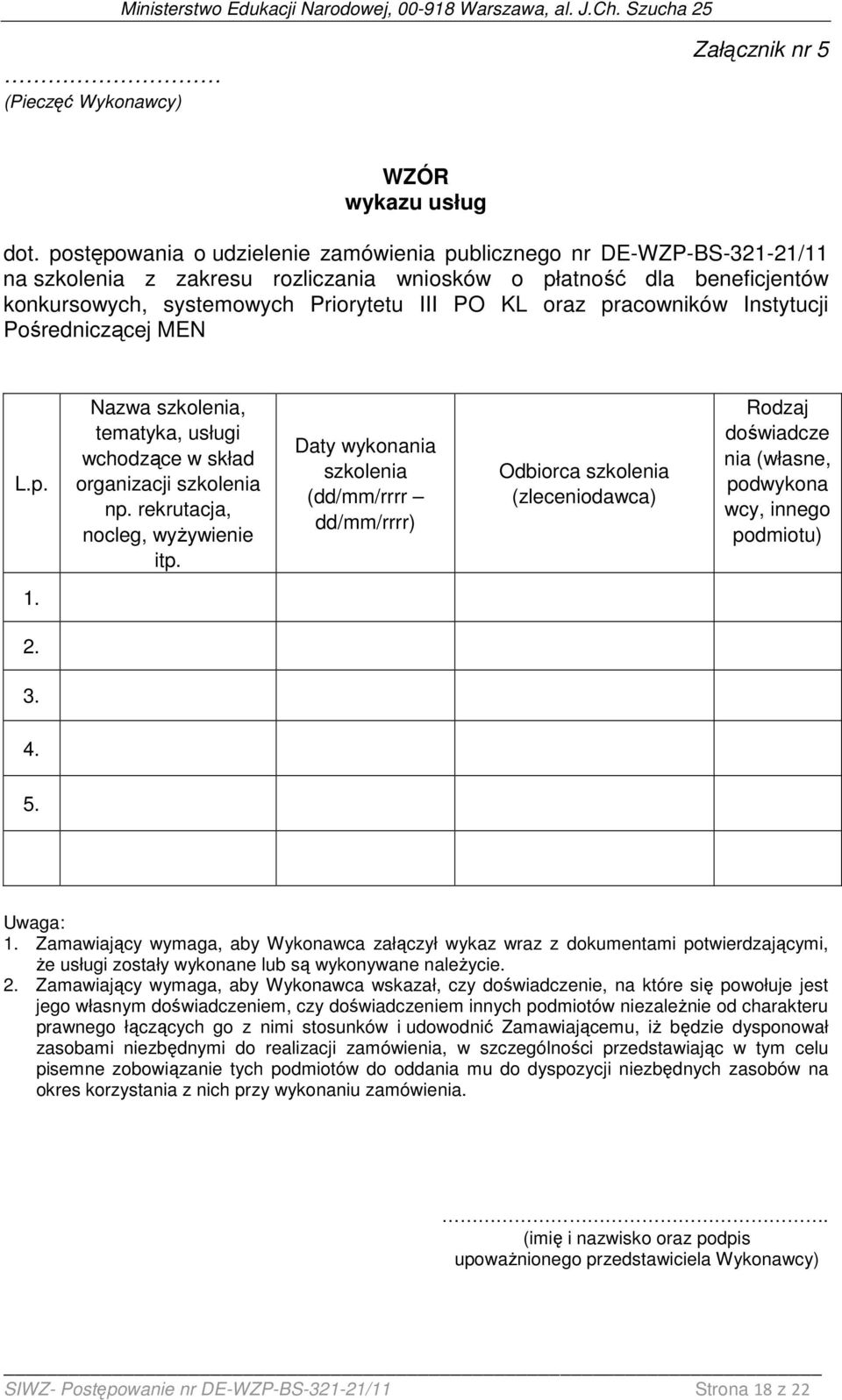 pracowników Instytucji Pośredniczącej MEN L.p. Nazwa szkolenia, tematyka, usługi wchodzące w skład organizacji szkolenia np. rekrutacja, nocleg, wyŝywienie itp.