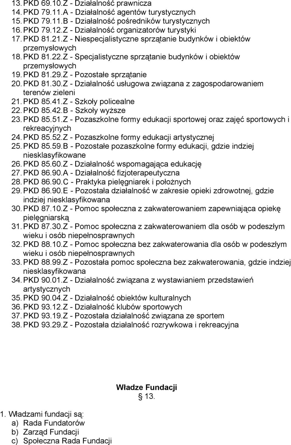 Z - Specjalistyczne sprzątanie budynków i obiektów przemysłowych 19. PKD 81.29.Z - Pozostałe sprzątanie 20. PKD 81.30.Z - Działalność usługowa związana z zagospodarowaniem terenów zieleni 21. PKD 85.